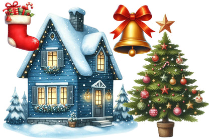 Christmas Day Clipart PNG Bundle | Cute Winter House, Christmas Tree, Boy, Girl, Santa, Dog, Cat, Snowman & Holiday Decorations