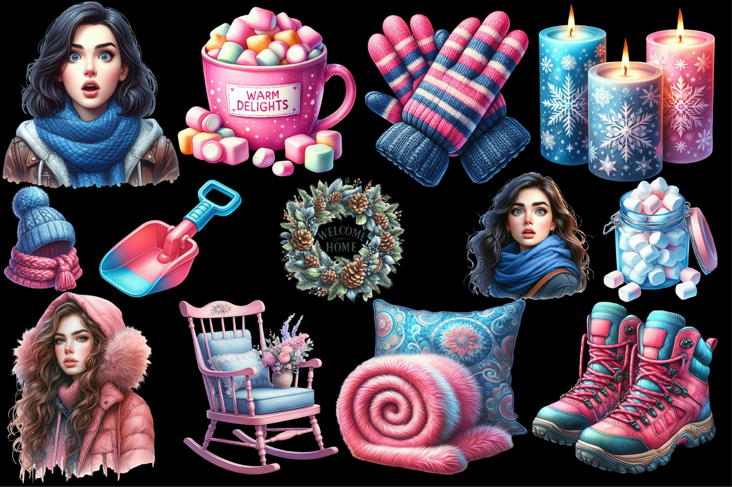 Pink & Blue Christmas Clipart PNG Bundle | Cute Pastel Santa, Ornaments, Gifts & Holiday Designs | 20 PNG
