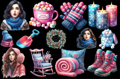Pink & Blue Christmas Clipart PNG Bundle | Cute Pastel Santa, Ornaments, Gifts & Holiday Designs | 20 PNG