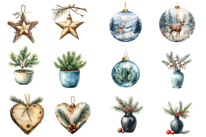 Boho Christmas Clipart PNG Bundle | Neutral Watercolor Christmas Clipart | Rustic Bohemian Holiday PNG