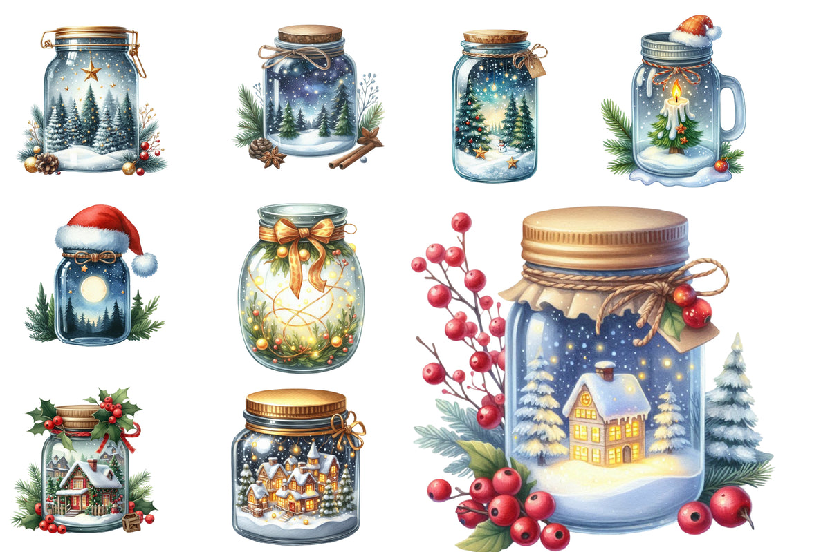 Christmas Mason Jars Clipart PNG Bundle | Watercolor Festive Mason Jar Clipart | Holiday Farmhouse Sublimation PNG
