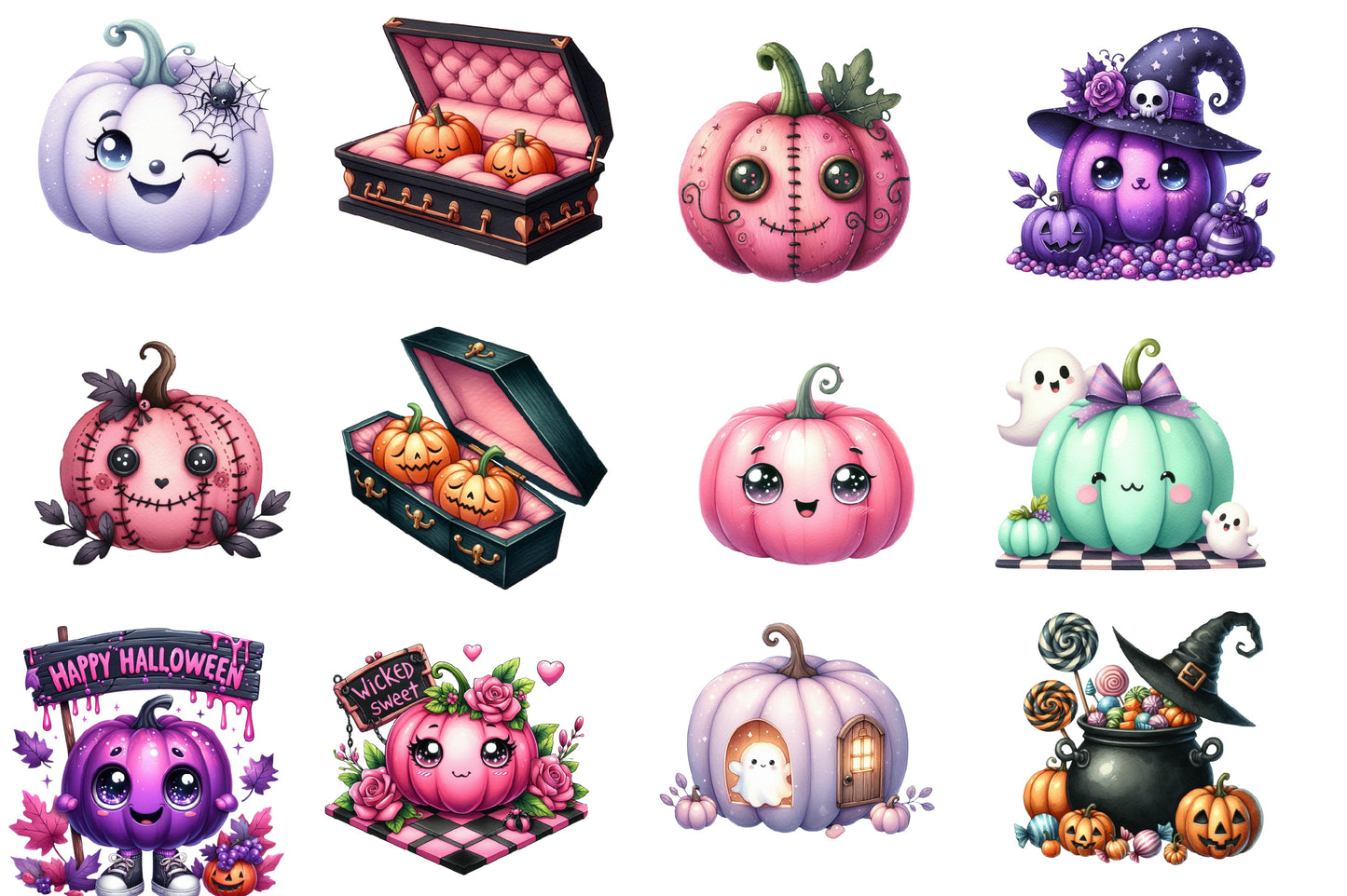 Halloween Pumpkin Clipart PNG Bundle | Cute Halloween Pumpkin Watercolor Clipart | Kawaii Pumpkin Sublimation PNG