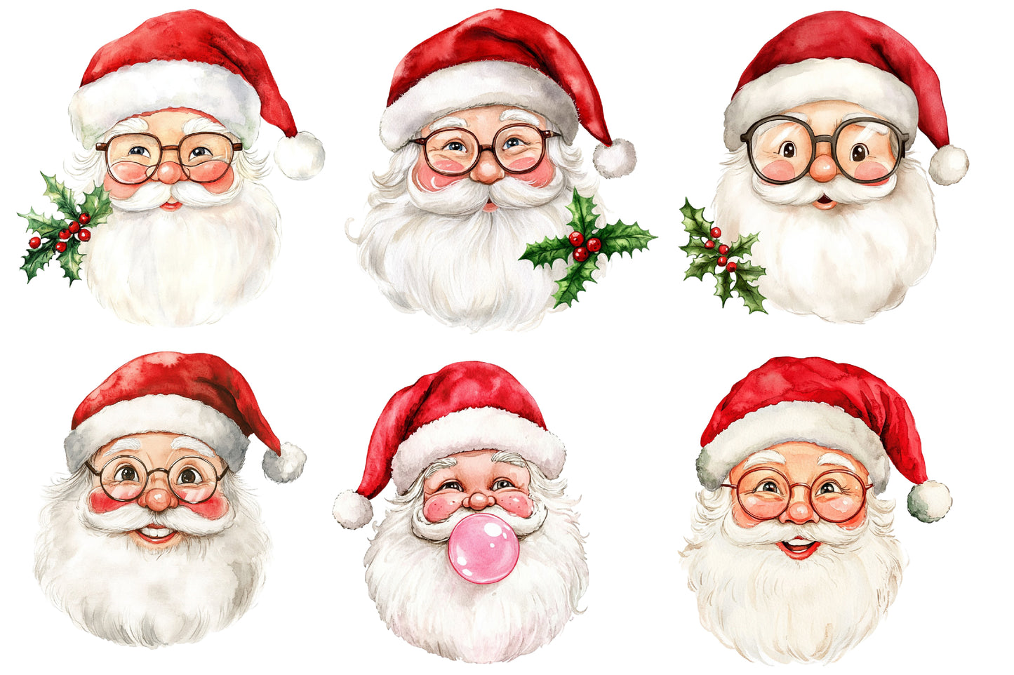 Santa Claus Face Watercolor Clipart PNG Bundle | Christmas Santa Face PNG | Santa Head Sublimation
