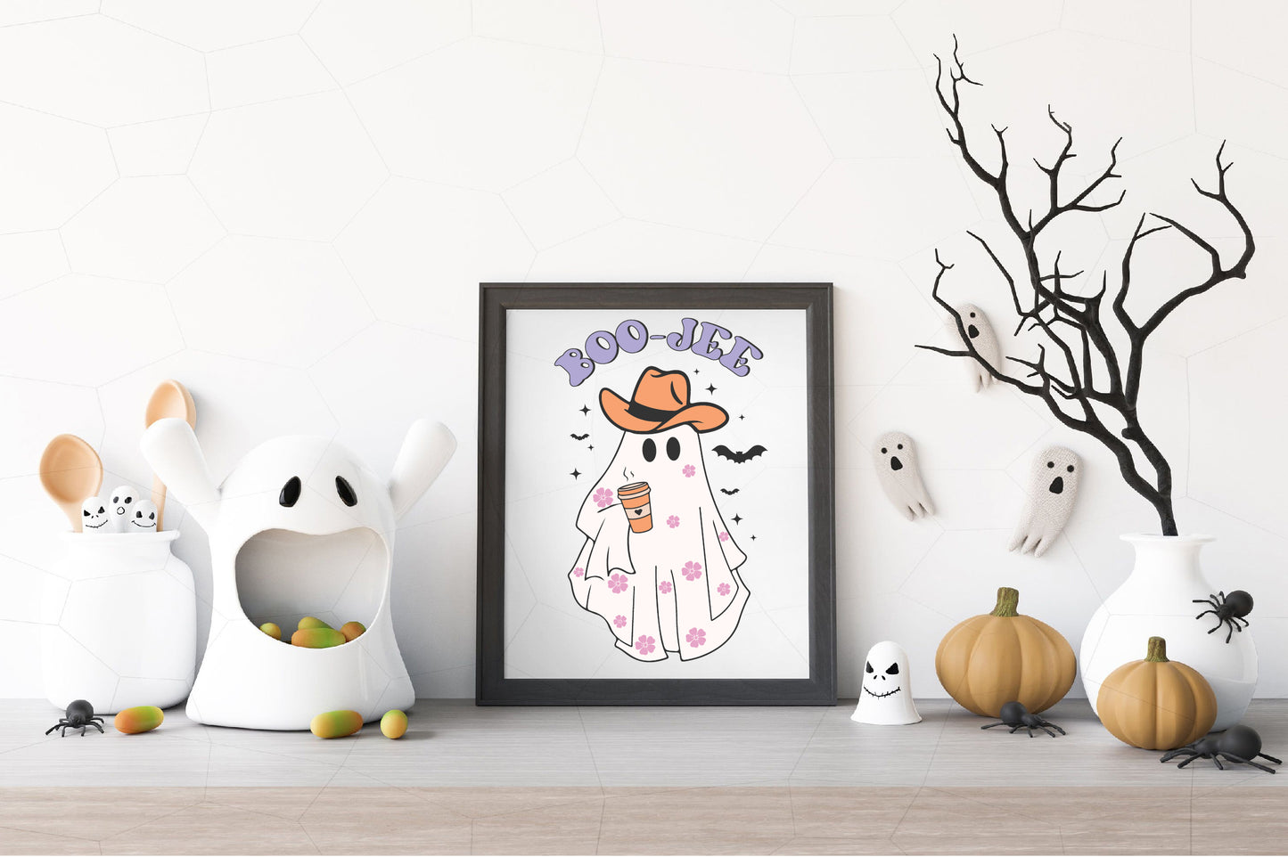Boo-Jee Ghost PNG Halloween Pink Cowboy Ghost Coffee Western Clipart