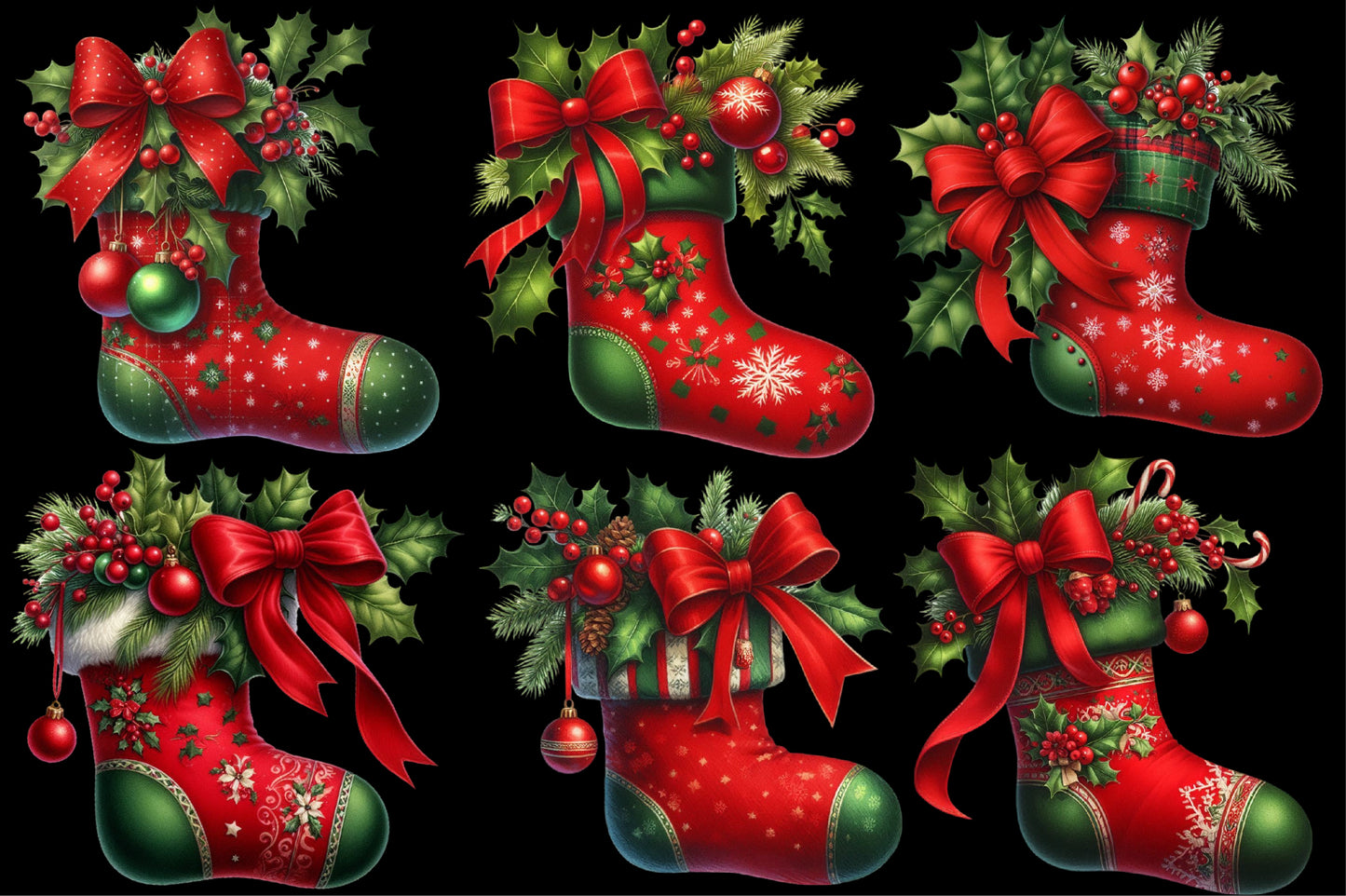 Watercolor Christmas Stocking Clipart PNG Bundle | Cute Holiday Stocking & Christmas Decor Designs
