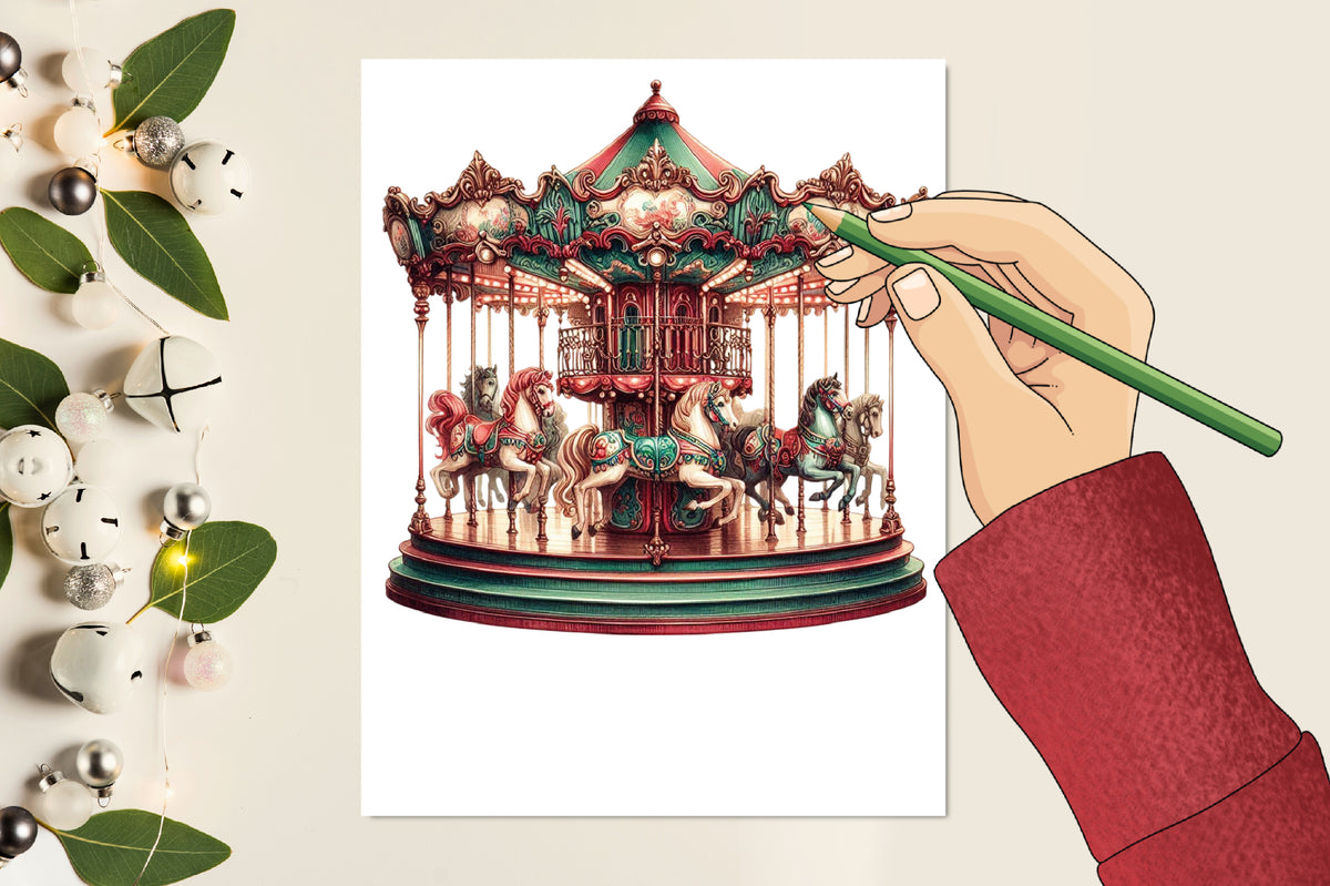 Vintage Christmas Carousel PNG Elegant Carousel Horse Holiday Clipart