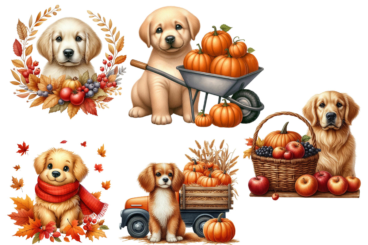 Fall Dog Watercolor Clipart PNG Bundle | Cute Autumn Puppy Clipart | Thanksgiving Sublimation