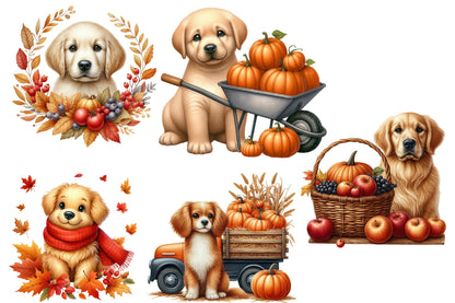 Fall Dog Watercolor Clipart PNG Bundle | Cute Autumn Puppy Clipart | Thanksgiving Sublimation
