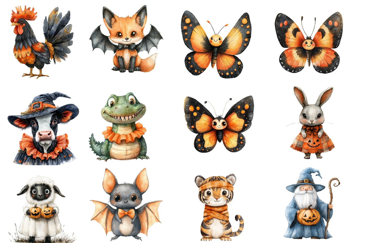 Halloween Animals Clipart PNG Bundle | Cute Spooky Animal PNG, Halloween Watercolor Clipart
