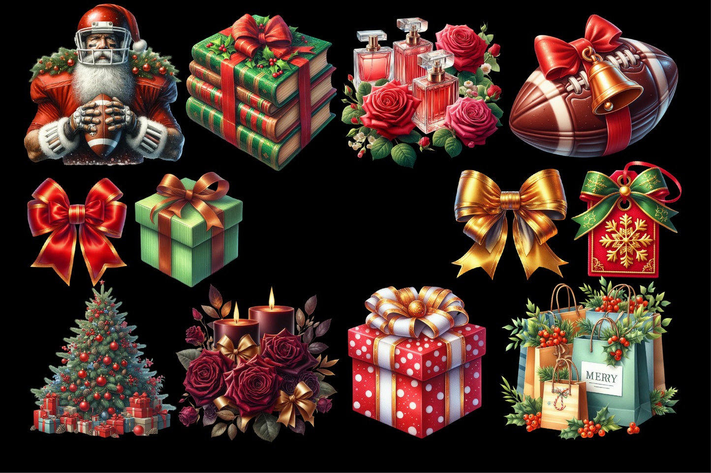 Watercolor Christmas Wrapping Supplies Clipart PNG Bundle | Gift Boxes, Bows & Holiday Packaging Designs