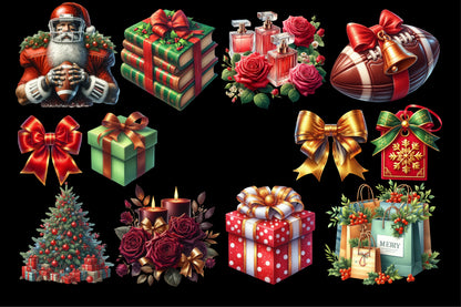 Watercolor Christmas Wrapping Supplies Clipart PNG Bundle | Gift Boxes, Bows & Holiday Packaging Designs
