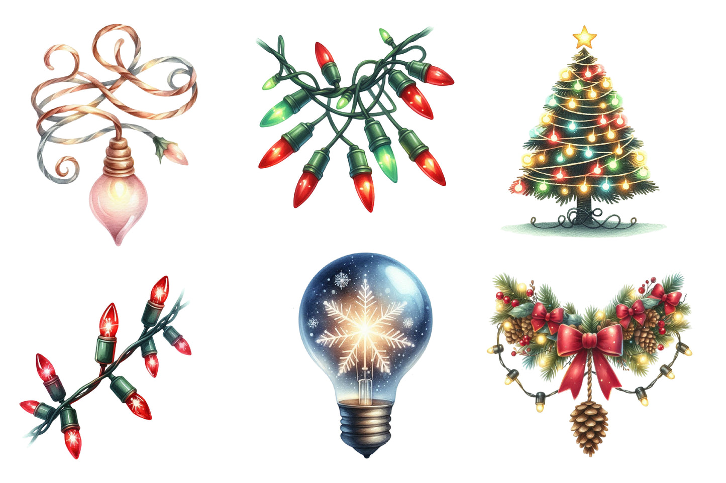 Christmas Lights Clipart PNG Bundle | Christmas Light Bulbs Watercolor Clipart | Holiday Lights Sublimation PNG