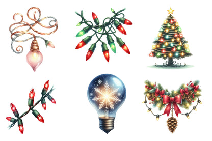 Christmas Lights Clipart PNG Bundle | Christmas Light Bulbs Watercolor Clipart | Holiday Lights Sublimation PNG