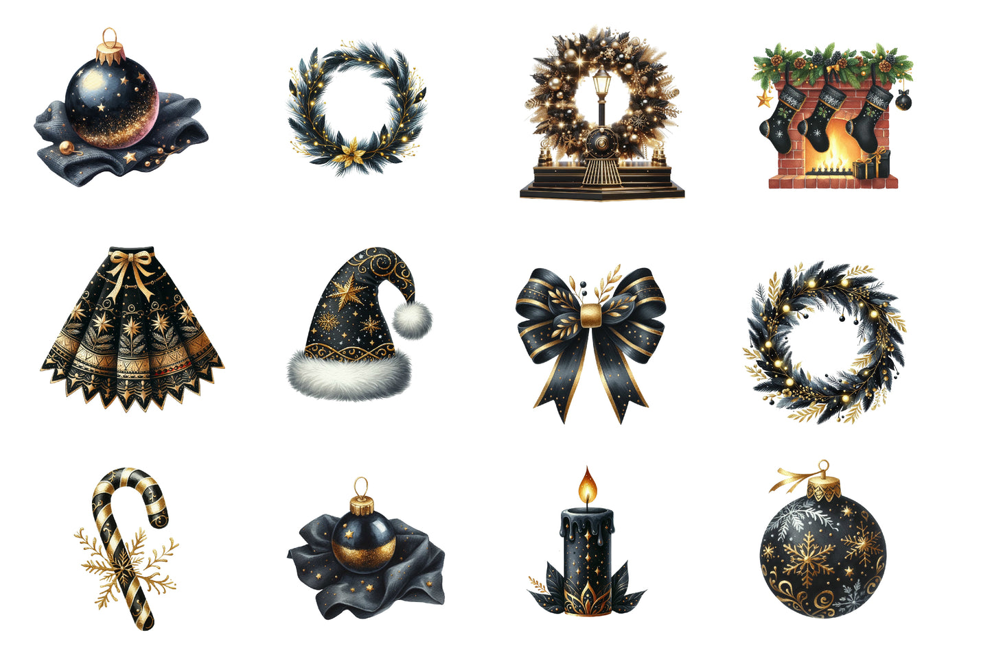 Luxury Black Christmas Watercolor Clipart PNG Bundle | Black Gold Christmas Clipart | Elegant Luxury Holiday Sublimation PNG