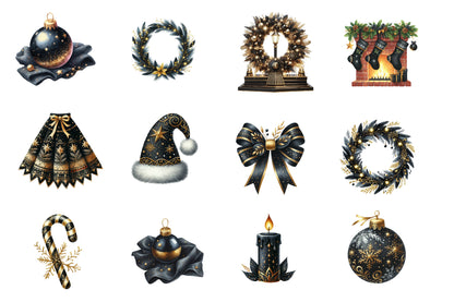 Luxury Black Christmas Watercolor Clipart PNG Bundle | Black Gold Christmas Clipart | Elegant Luxury Holiday Sublimation PNG