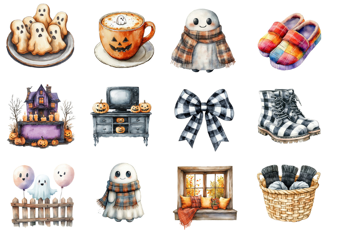 Watercolor Cozy Halloween Clipart PNG Bundle | Cute Ghost, Pumpkin, Cat, Witch, Coffee & Fall Spooky Clipart