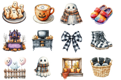 Watercolor Cozy Halloween Clipart PNG Bundle | Cute Ghost, Pumpkin, Cat, Witch, Coffee & Fall Spooky Clipart