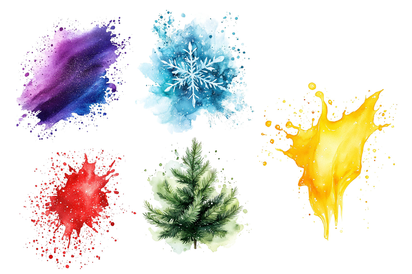 Christmas Watercolor Splashes Bundle PNG | Christmas Paint Splash Clipart | Festive Watercolor Holiday Backgrounds