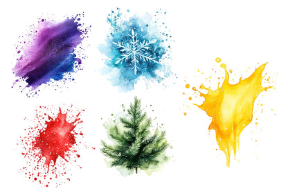 Christmas Watercolor Splashes Bundle PNG | Christmas Paint Splash Clipart | Festive Watercolor Holiday Backgrounds