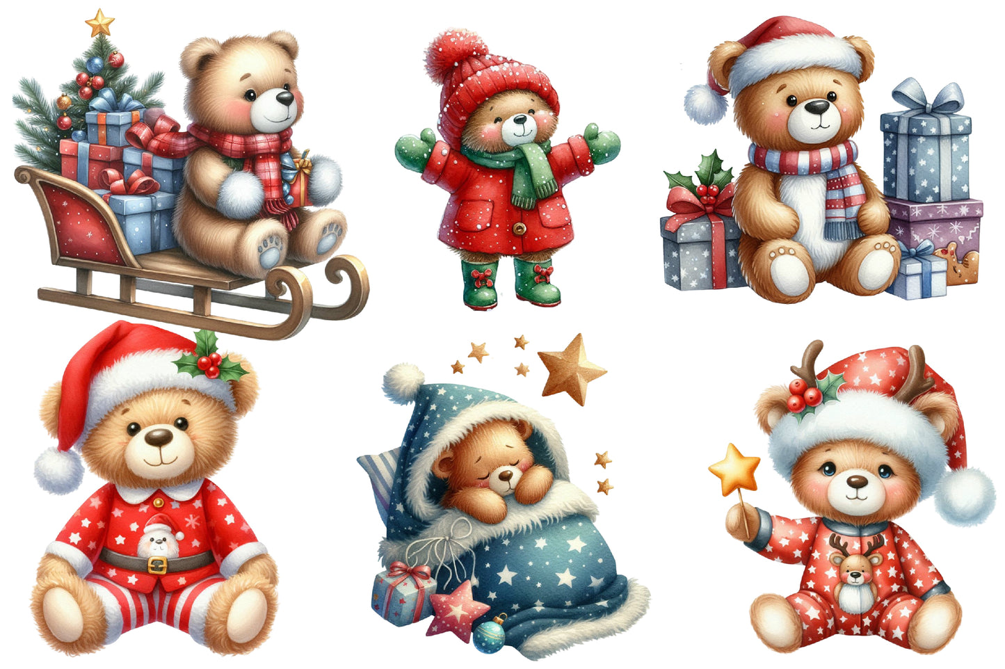 Teddy Bear Christmas Watercolor Clipart PNG Bundle | Christmas Teddy Bear PNG | Cute Bear Sublimation