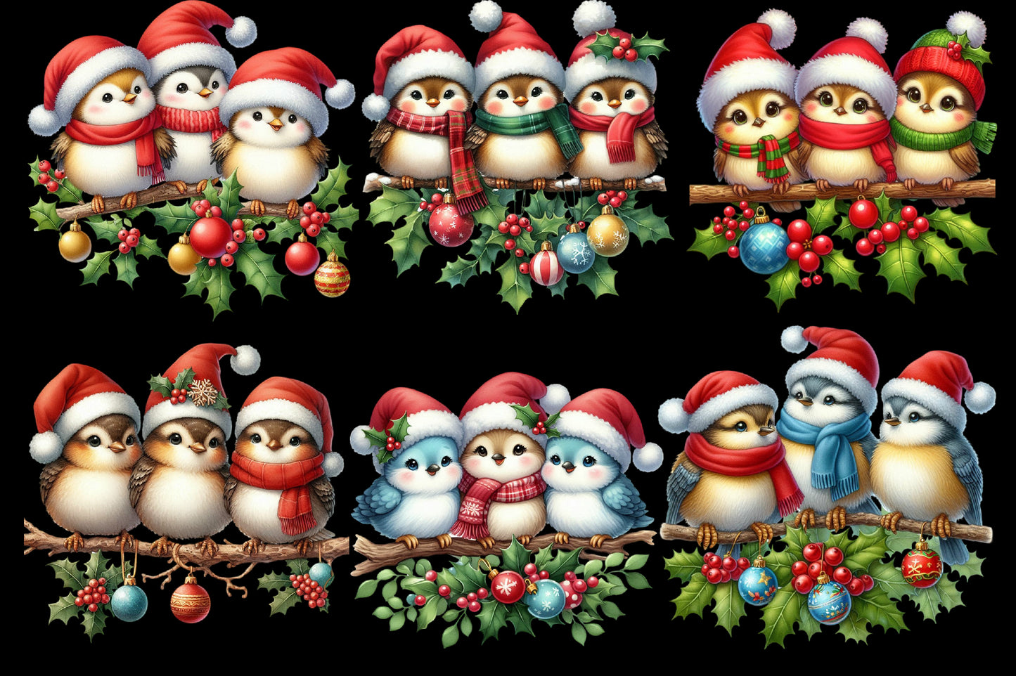 Christmas Birds Clipart PNG Bundle | Cute Watercolor Christmas Bird, Santa Hat Bird, Winter Bird & Holly Berry Designs