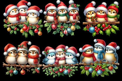 Christmas Birds Clipart PNG Bundle | Cute Watercolor Christmas Bird, Santa Hat Bird, Winter Bird & Holly Berry Designs