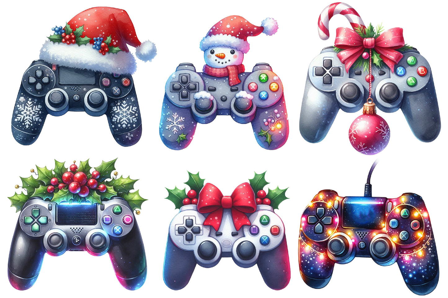 Christmas Gaming Controllers Clipart PNG Bundle | Watercolor Festive Game Controller Clipart | Gamer Christmas Sublimation PNG
