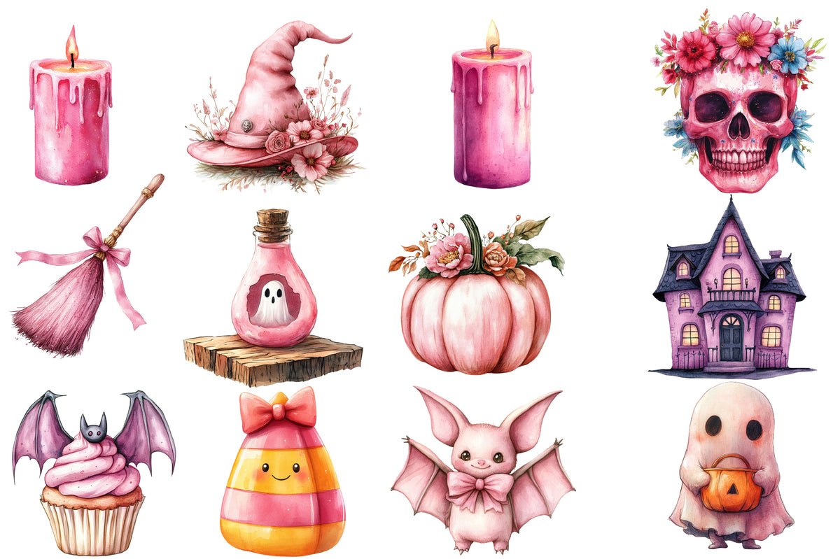 Pink Halloween PNG Bundle | Cute Ghost, Witch, Bat, Pumpkin, Cat & Skull Clipart,