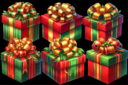 Watercolor Christmas Gifts Box Clipart PNG Bundle | Holiday Present & Gift Boxes