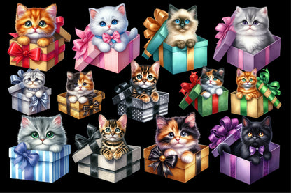 Watercolor Christmas Cat Gift Box PNG Bundle | Cute Christmas Kitten Clipart | Holiday Cat Sublimation
