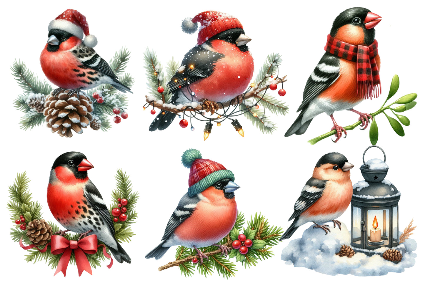Christmas Grosbeak Birds Clipart PNG Bundle | Watercolor Winter Grosbeak Bird Clipart | Holiday Bird Sublimation PNG