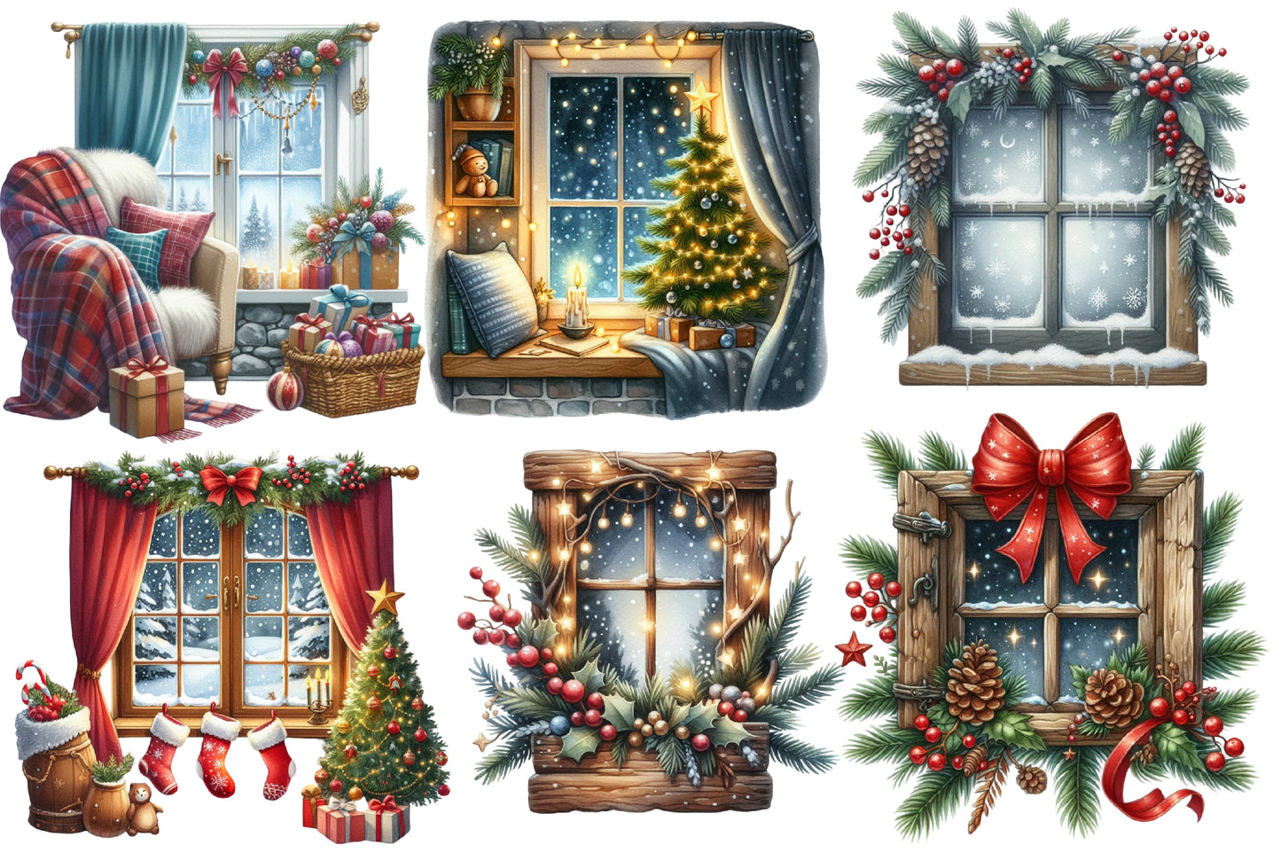 Christmas Cozy Window Clipart PNG Bundle | Watercolor Warm Winter Window Clipart | Festive Holiday Sublimation PNG