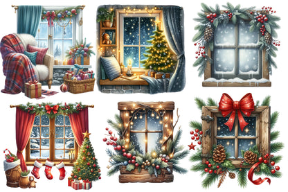 Christmas Cozy Window Clipart PNG Bundle | Watercolor Warm Winter Window Clipart | Festive Holiday Sublimation PNG