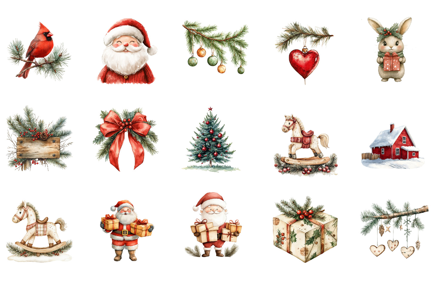 Winter Christmas Clipart PNG Bundle | Snowy Christmas Village, Trees, Barn, Santa, Nutcracker, Gifts & Winter Decor
