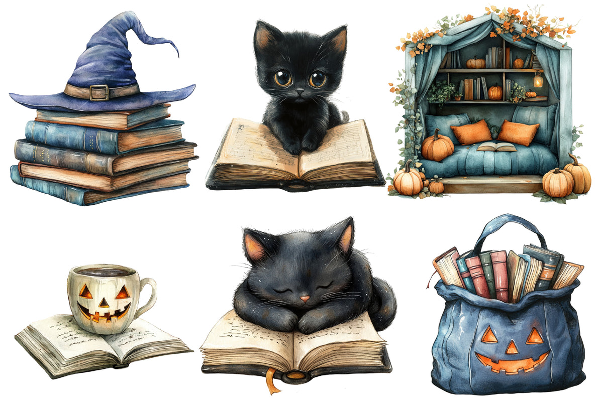 Halloween Reading Clipart PNG | Spooky Books, Ghost Reading, Witch Books, Owl & Cat Reading Clipart,