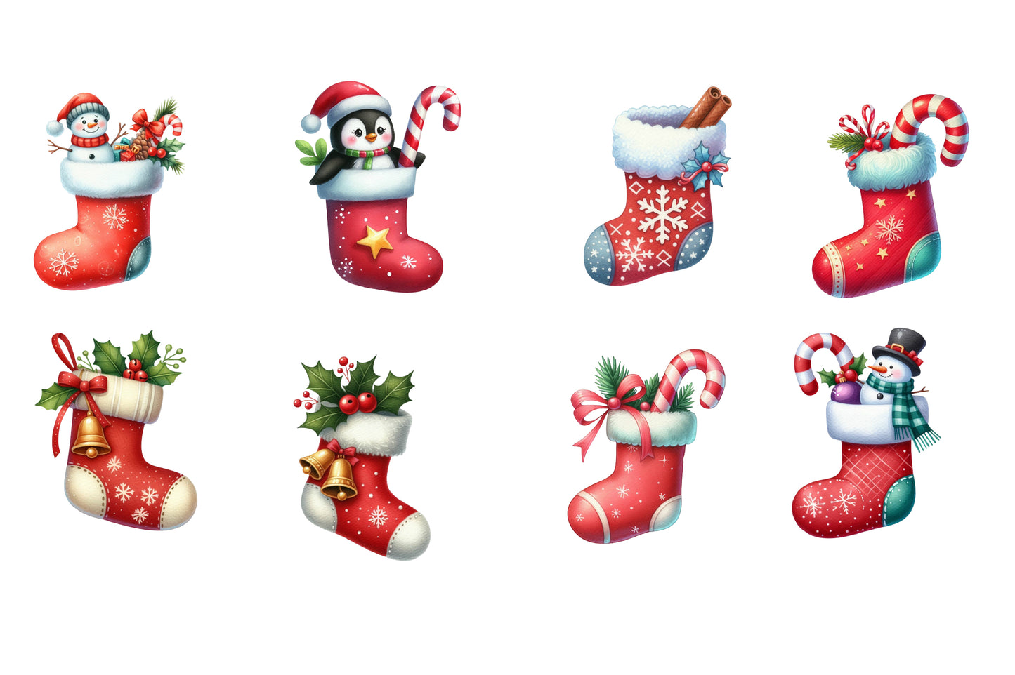 Christmas Stocking Sublimation Clipart PNG Bundle | Watercolor Christmas Stocking Clipart | Festive Holiday Stocking PNG