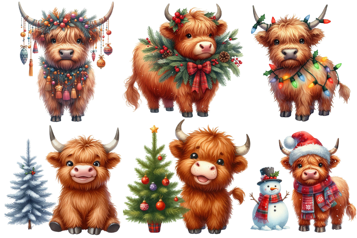 Christmas Highland Cow Clipart PNG Bundle | Watercolor Cute Christmas Highland Cow Clipart | Farmhouse Holiday Sublimation PNG