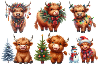 Christmas Highland Cow Clipart PNG Bundle | Watercolor Cute Christmas Highland Cow Clipart | Farmhouse Holiday Sublimation PNG