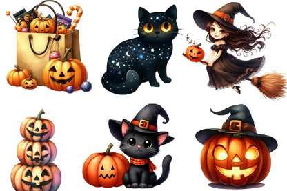 Vintage Halloween Clipart Bundle PNG | Retro Pumpkin, Witch, Ghost, Black Cat, Bat & Haunted House | Spooky Sublimation