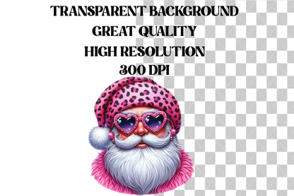 Santa Claus Pink Christmas Clipart PNG Bundle | Leopard Print Santa, Pink Christmas Santa & Heart Sunglasses