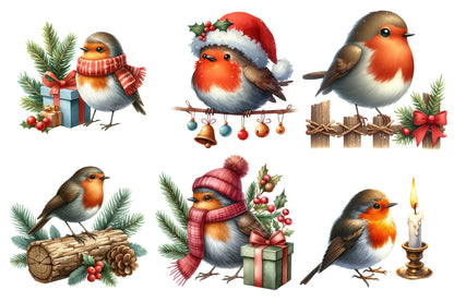 Christmas Robin Watercolor Clipart PNG Bundle | Cute Christmas Bird Clipart | Holiday Sublimation