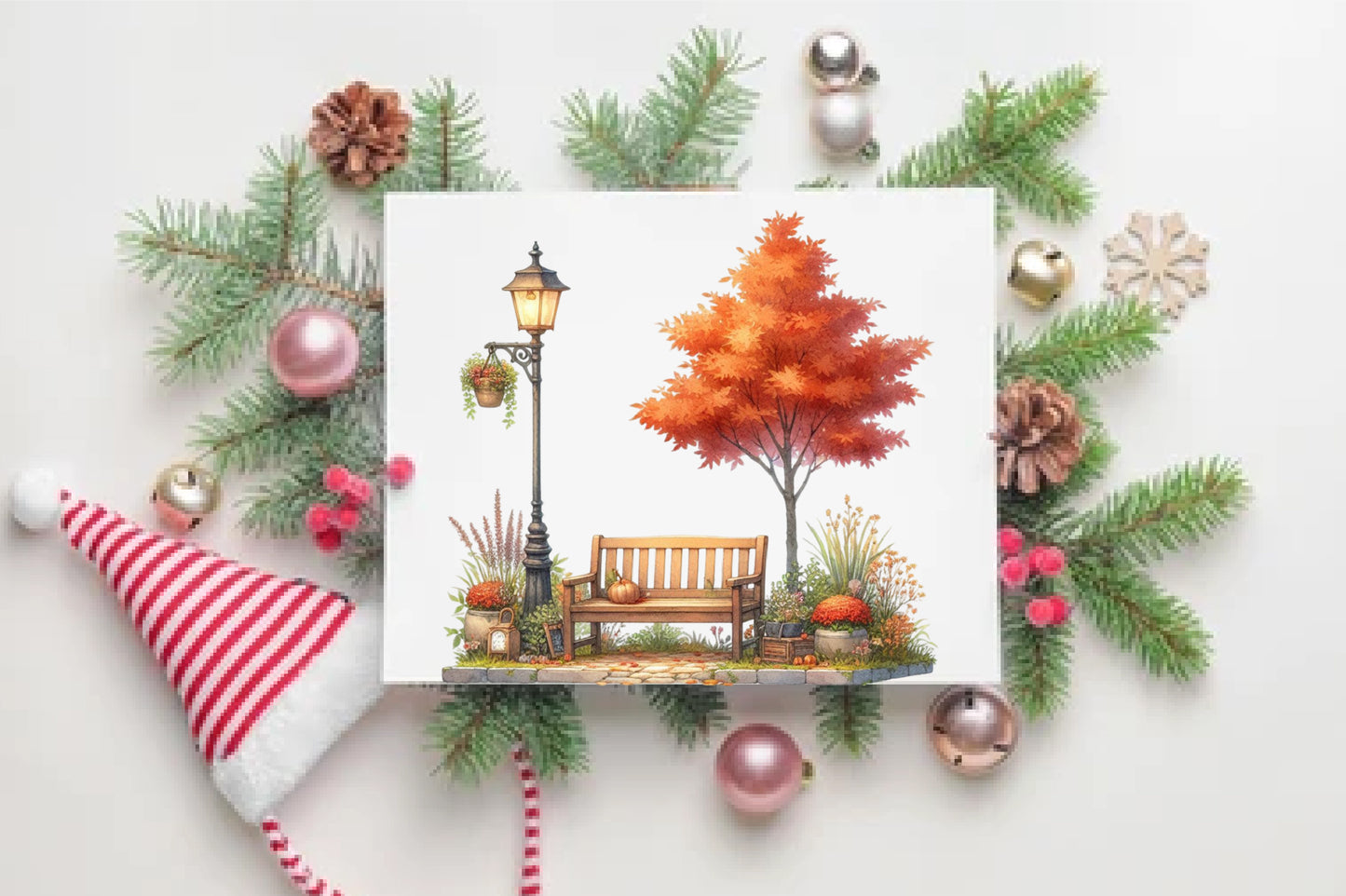 21 Watercolor Autumn Bench PNG Fall Park Bench Clipart