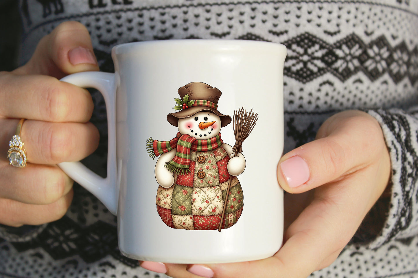 Vintage Patchwork Snowman Christmas Broom PNG