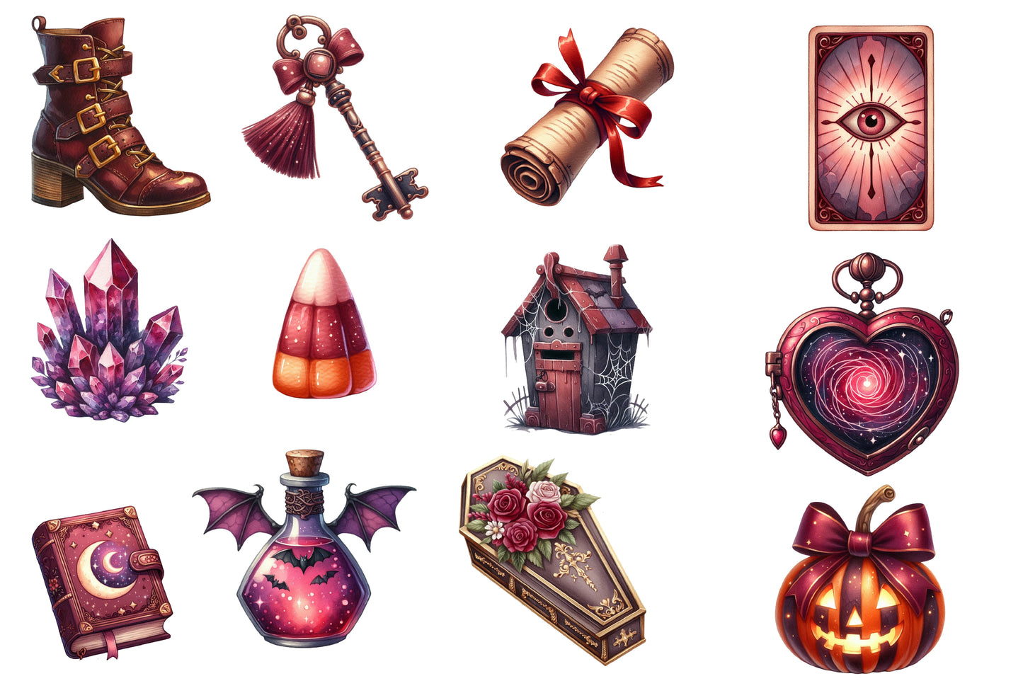 Burgundy Halloween Watercolor Clipart PNG Bundle | Gothic Halloween Watercolor Clipart | Witchy Halloween Sublimation PNG
