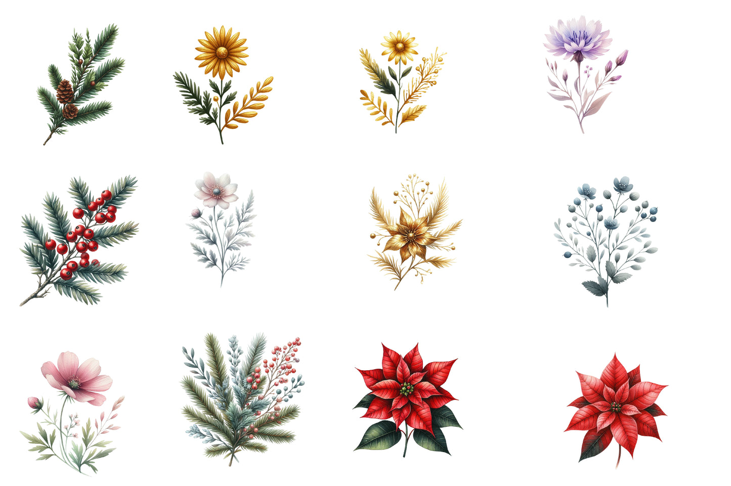 Christmas Wildflowers Clipart PNG Bundle | Watercolor Christmas Wildflower Clipart | Festive Floral Holiday Sublimation PNG