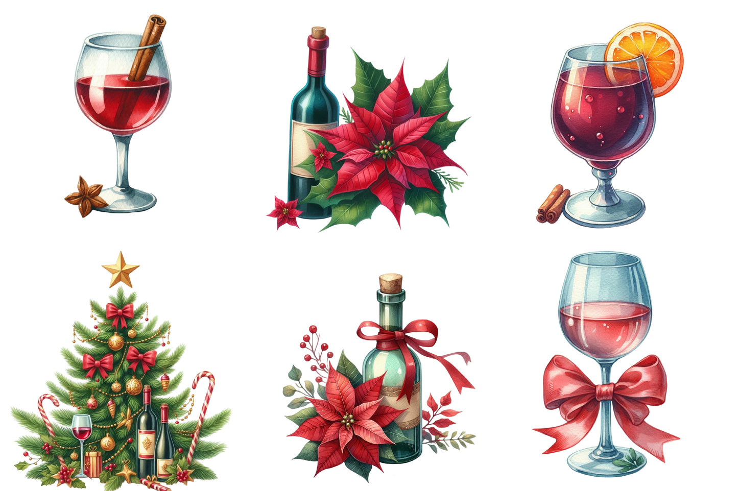 Christmas Red Wine Clipart PNG Bundle | Watercolor Holiday Red Wine Clipart | Festive Wine Glass Sublimation PNG
