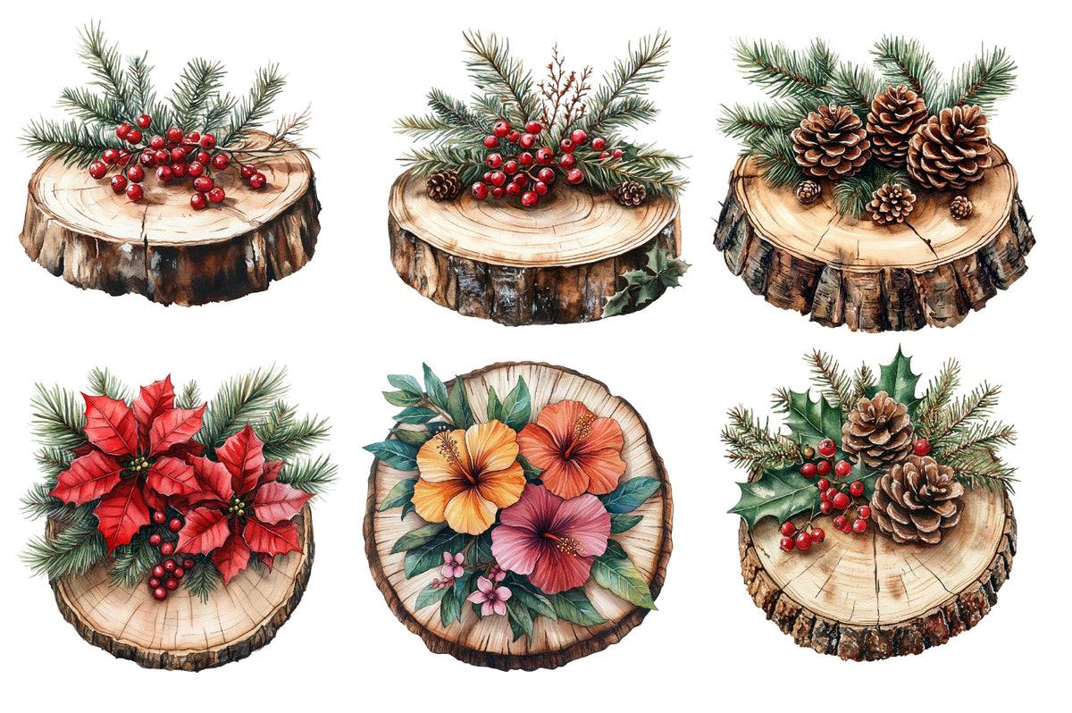 Christmas Wood Slice Clipart PNG Bundle | Rustic Wood Slices, Poinsettia, Pine, Holly, Pinecones & Christmas Floral Decor