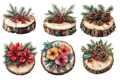 Christmas Wood Slice Clipart PNG Bundle | Rustic Wood Slices, Poinsettia, Pine, Holly, Pinecones & Christmas Floral Decor