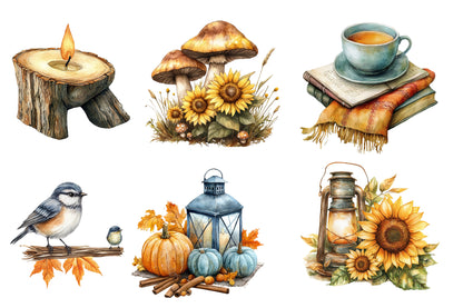 Watercolor Autumn Clipart PNG Bundle | Fall Pumpkin, Sunflower, Leaves, Apple, Cozy Mug & Harvest Clipart