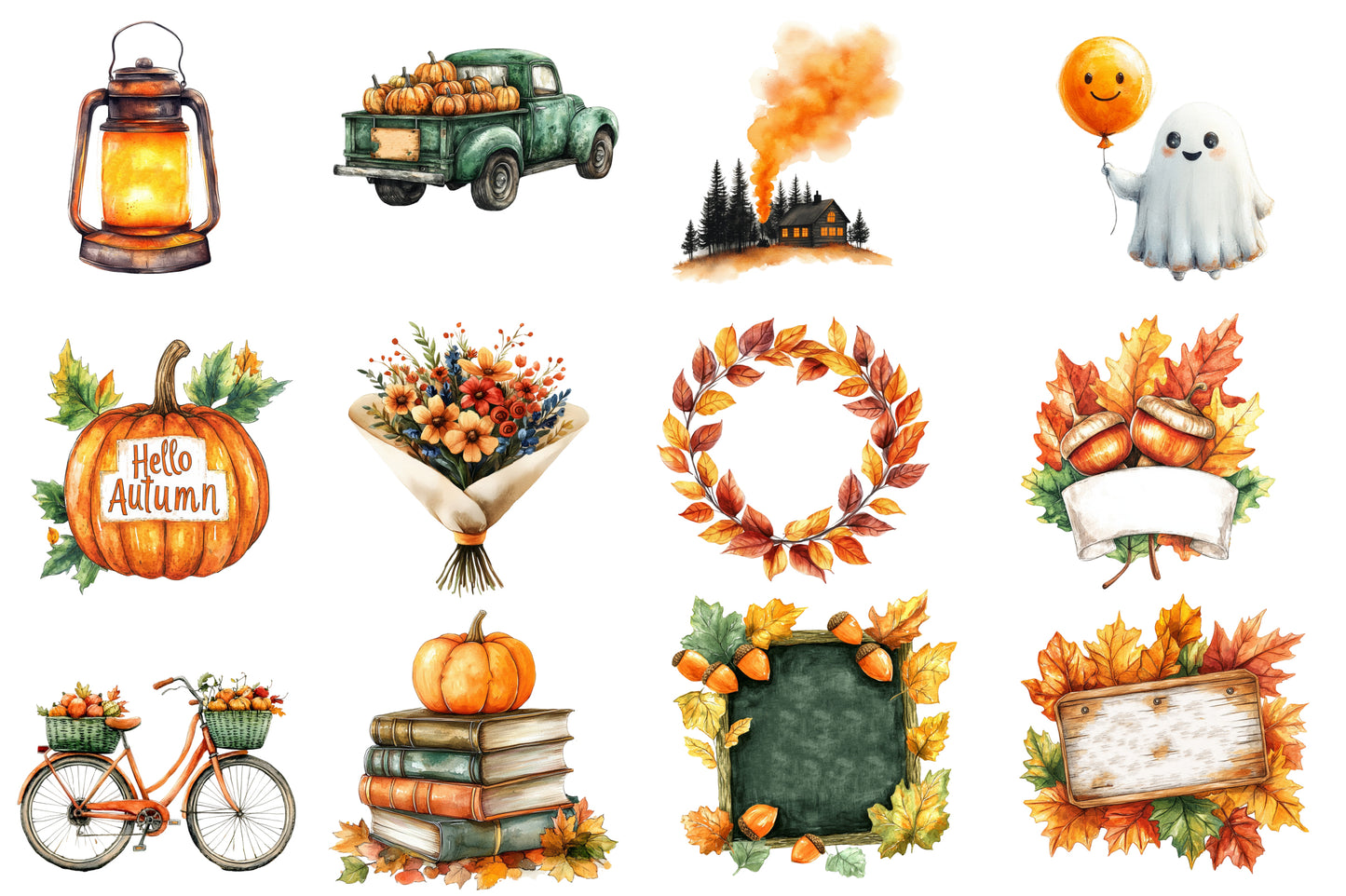 Hello Autumn Clipart PNG Bundle | Fall Watercolor Clipart, Autumn Leaves & Pumpkin PNG
